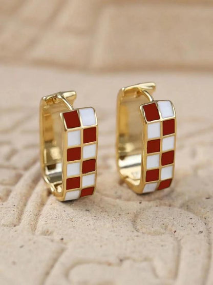 Checkerboard Pattern Hoop Earrings, Casual Enamel Drip Earring Clip for Women for Party, Daily Decor, Trendy All-match Luxury Jewelry for Gift, Fall Outfits, Fall Freshness