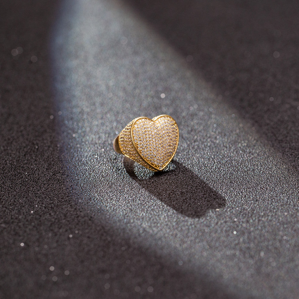 Hip-Hop European and American Full Diamond Micro-Inlaid Zircon Heart Ring Men's Jewelry