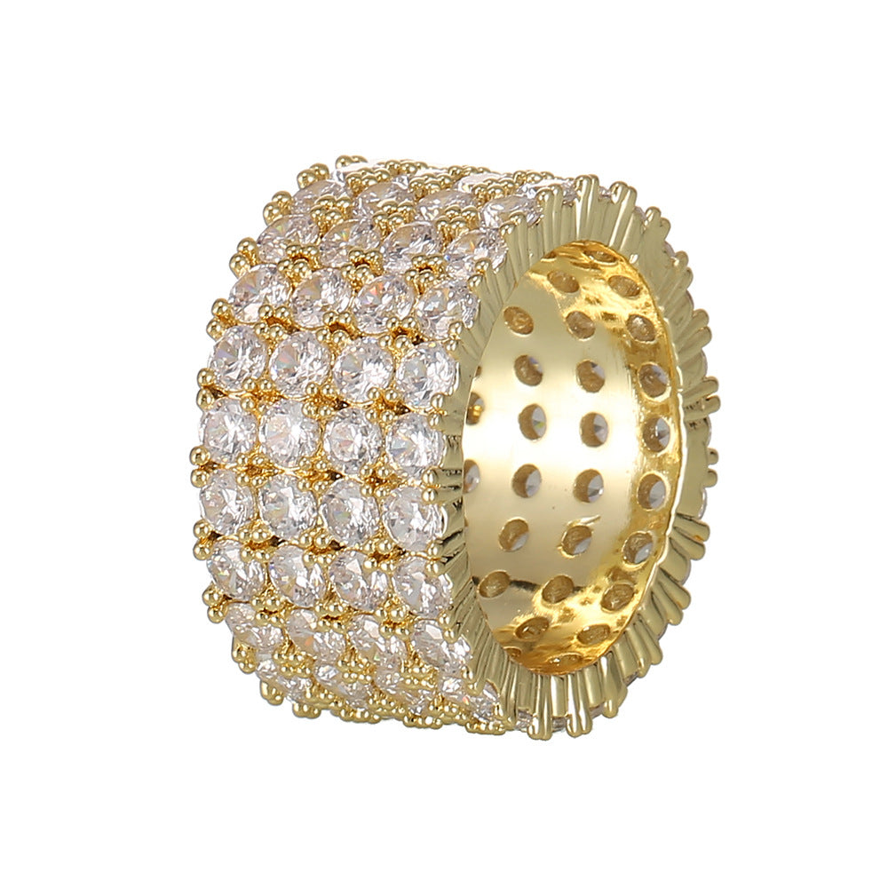 Fashion Copper Micro Paved Zircon Ring Men's Hip Hop Ring Four Rows Diamond Ring