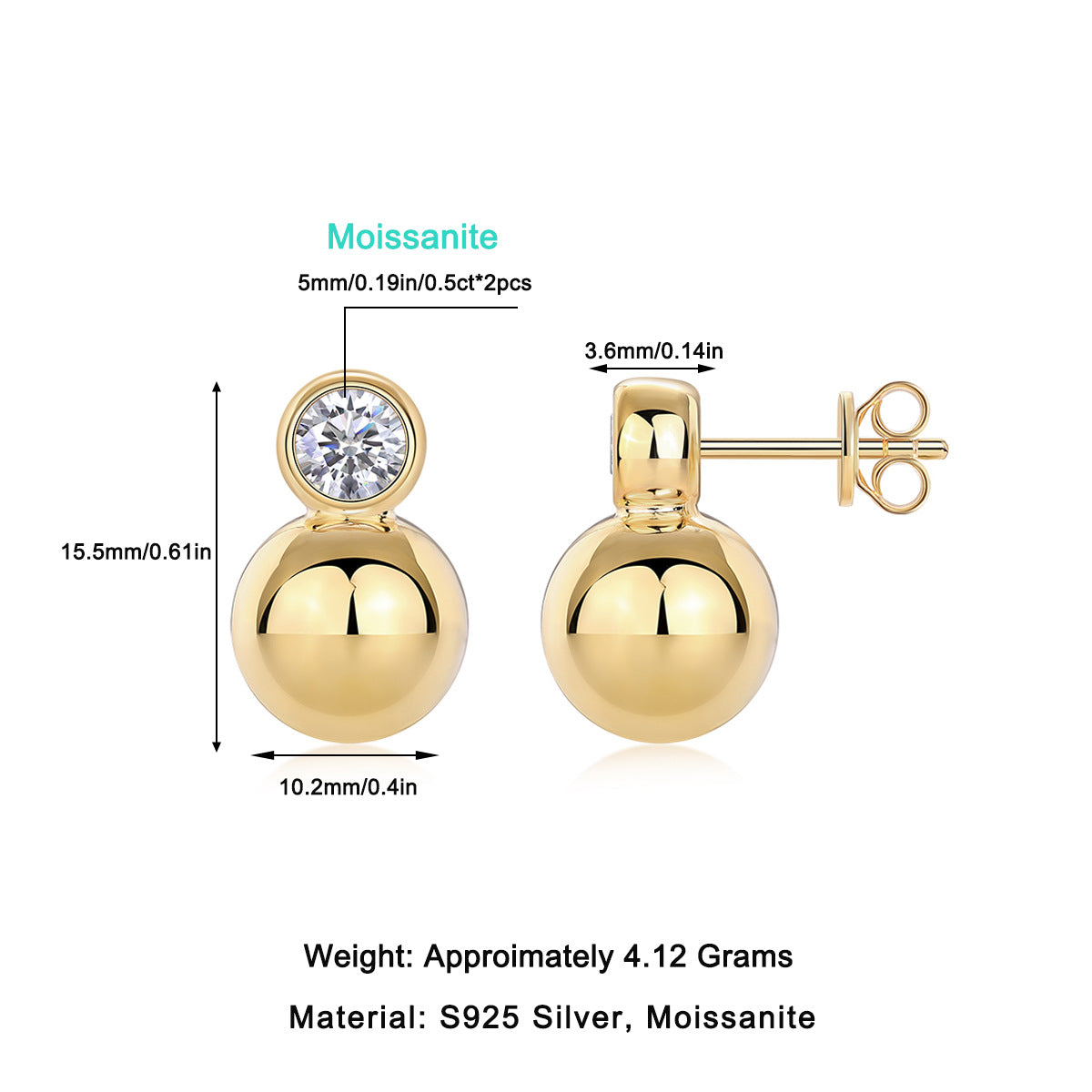 S925 Moissanite Stud Earrings Fashion Gold Plated High-End Sense