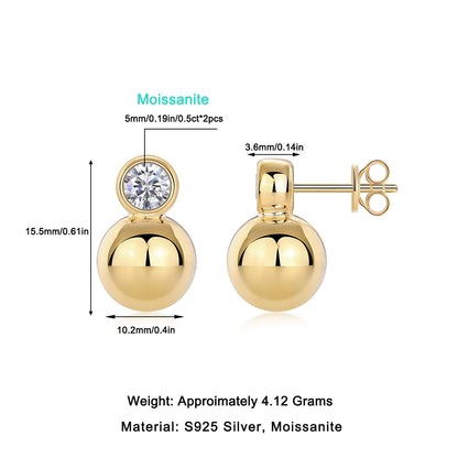 S925 Moissanite Stud Earrings Fashion Gold Plated High-End Sense
