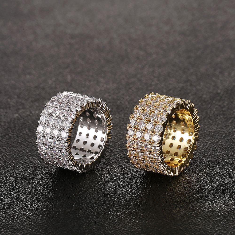 Fashion Copper Micro Paved Zircon Ring Men's Hip Hop Ring Four Rows Diamond Ring