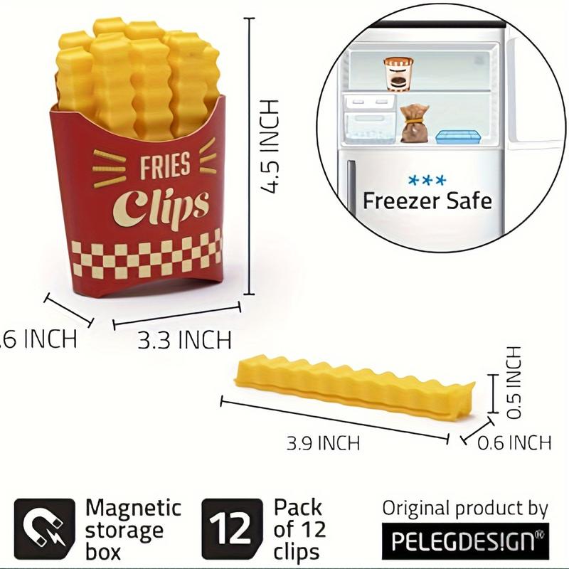 12 pcs Cute French Fries Shaped Bag Clip, Fridge Magnet for Sealing Grocery Bag: Moisture Proof Sealing Clamp, for Kitchen Storage, Cute and Practical Kitchen Accessories, Safety Envelope Bag and Packaging, Potato Chips Clip