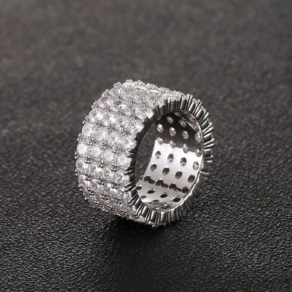 Fashion Copper Micro Paved Zircon Ring Men's Hip Hop Ring Four Rows Diamond Ring