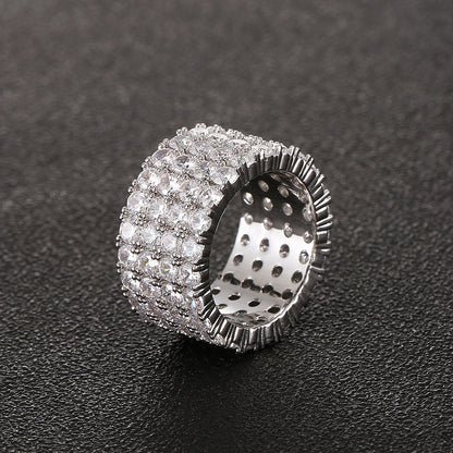 Fashion Copper Micro Paved Zircon Ring Men's Hip Hop Ring Four Rows Diamond Ring