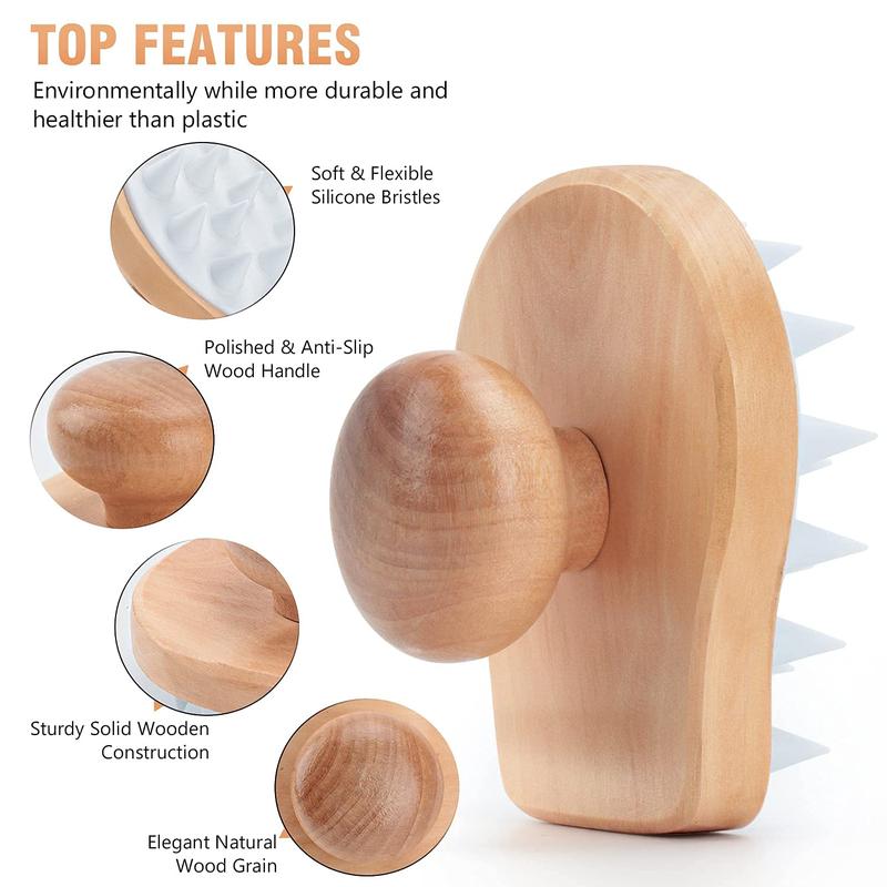 Scalp Massager Shampoo Brush, Wooden Wet and Dry Hair Scalp Care Brush, Shower Brush Scalp Scrubber Exfoliator with Soft Silicone Bristles for Dandruff Removal, Hair Growth (White)
