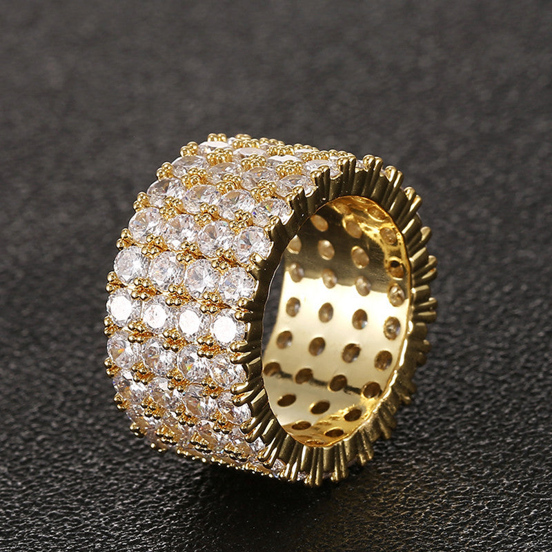 Fashion Copper Micro Paved Zircon Ring Men's Hip Hop Ring Four Rows Diamond Ring