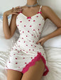 New Heart Print Contrast Loungewear - Split Lace Trim Bowknot Cami Dress! Cute & Sexy Pajama for Teen Girls.