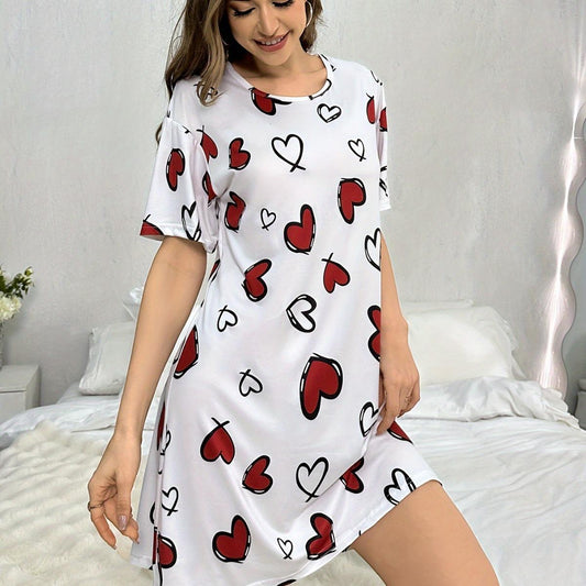 Women's Nightgown, Cartoon Heart - shaped Bobo Pattern, Casual and Comfortable Loungewear Pajamas. Cozy, Nightwear Womenswear, Homewear Pjs
