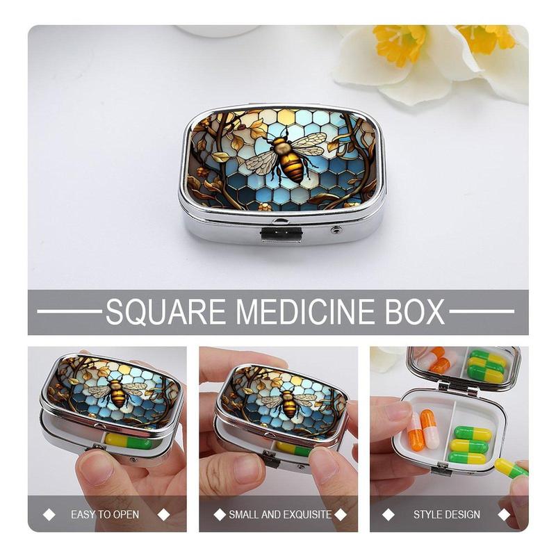 Vintage Bee & Tree Pattern Medicine Box, 1 Count Portable 2-grid Medicine Storage Box, Pill Box for Home School Office Outdoor Travel