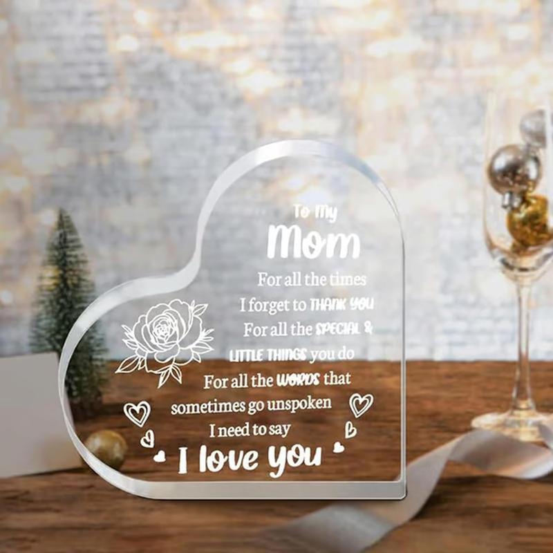 Heart Shaped Acrylic Block, Flower & Letter Pattern Decorative Ornament, Inspirational Creative Gift for Mom