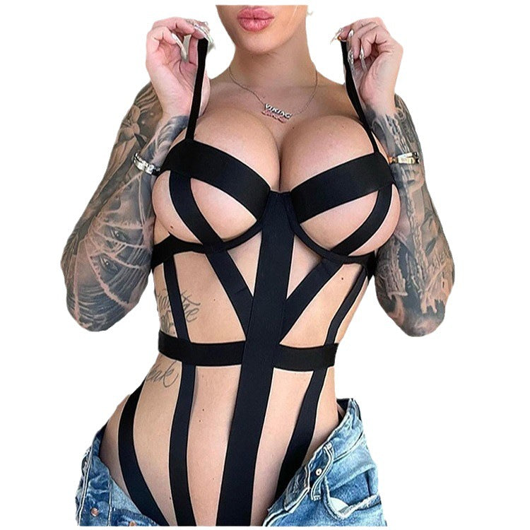 Couple's Sexy Lingerie - Bondage-Style Hollow Out Bodysuit with Open-Crotch Design for Passionate Nights - New Arrival