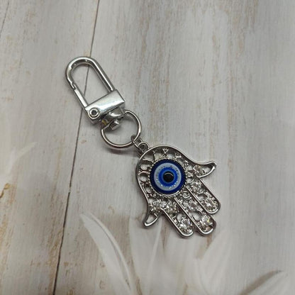 Crystal Evil Eye Hamsa Key Ring Chain, Rhinestones Charm Fatima Hand Keychain for Handbag Purse Pendant with Clip, Car Rearview Mirror Ornament Keyring Jewelry (Silver)