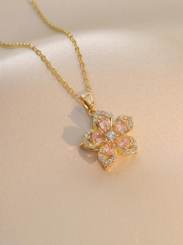 Rotatable Flower Design Pendant Necklace for Women, Summer Rhinestone Decor Necklace for Party, Daily Clothing Decor, Trendy & Exquisite Jewelry for Holiday Parties, Fall Outfits, Fall Freshness, 90s Minimalism, Pink Charm