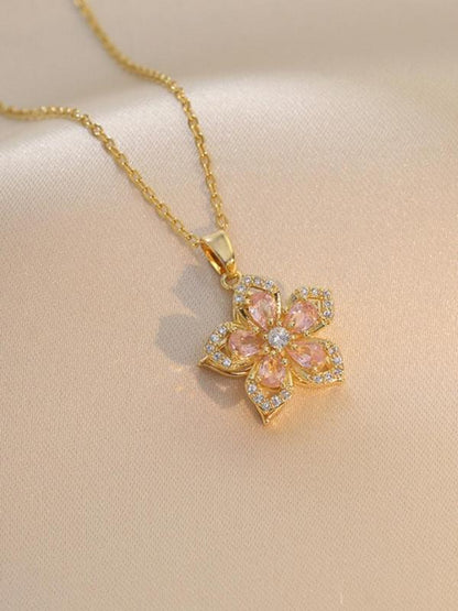 Rotatable Flower Design Pendant Necklace for Women, Summer Rhinestone Decor Necklace for Party, Daily Clothing Decor, Trendy & Exquisite Jewelry for Holiday Parties, Fall Outfits, Fall Freshness, 90s Minimalism, Pink Charm