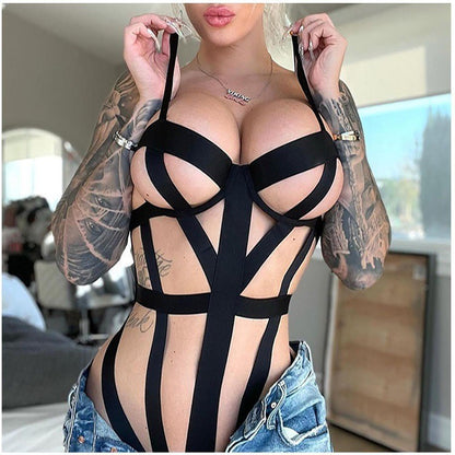 Couple's Sexy Lingerie - Bondage-Style Hollow Out Bodysuit with Open-Crotch Design for Passionate Nights - New Arrival