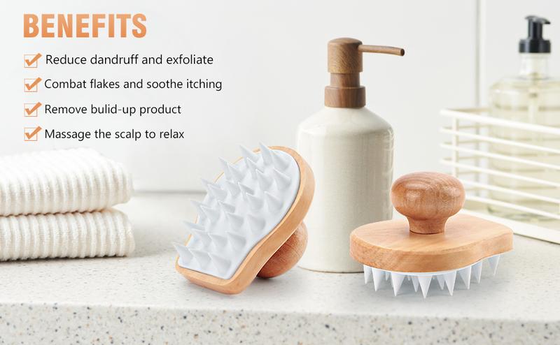 Scalp Massager Shampoo Brush, Wooden Wet and Dry Hair Scalp Care Brush, Shower Brush Scalp Scrubber Exfoliator with Soft Silicone Bristles for Dandruff Removal, Hair Growth (White)