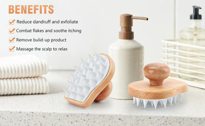 Scalp Massager Shampoo Brush, Wooden Wet and Dry Hair Scalp Care Brush, Shower Brush Scalp Scrubber Exfoliator with Soft Silicone Bristles for Dandruff Removal, Hair Growth (White)