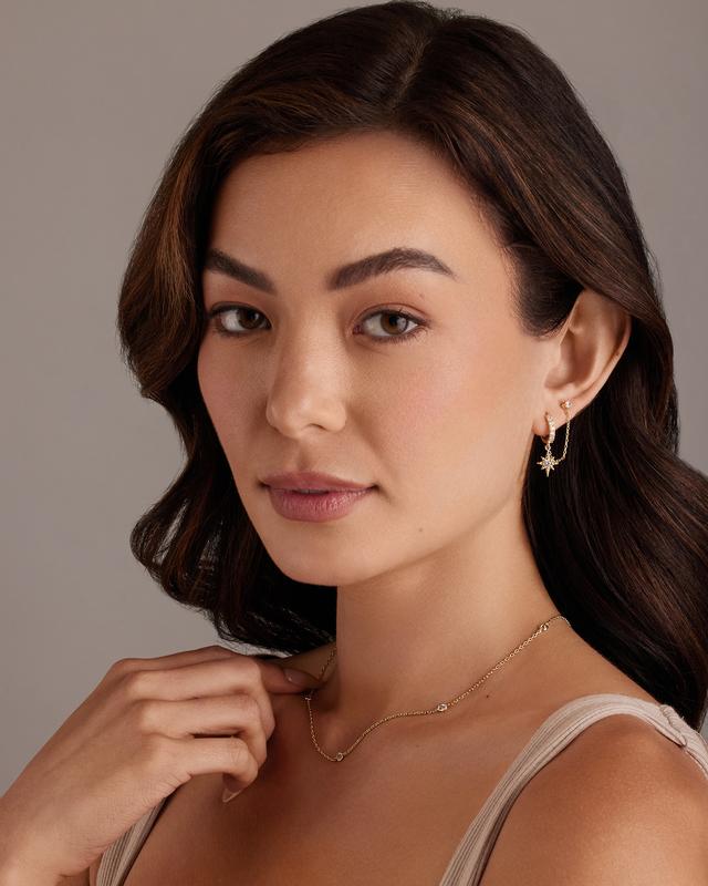 14K Gold Chain Earrings for Women | Double Piercing Dangle Chain Huggie Hoop Earrings | Cubic Zirconia Star Stud Ear Cuff Earrings for Women