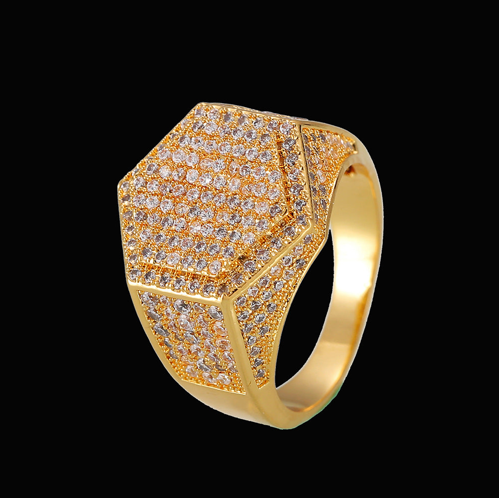 Men's Hexagonal Ring Hip Hop Diamond-Studded Ring Men and Women's Jewelry