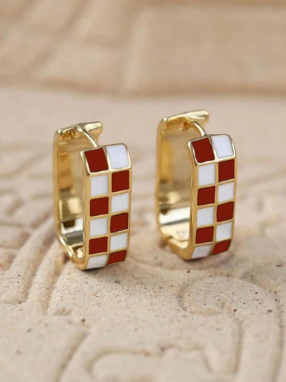 Checkerboard Pattern Hoop Earrings, Casual Enamel Drip Earring Clip for Women for Party, Daily Decor, Trendy All-match Luxury Jewelry for Gift, Fall Outfits, Fall Freshness