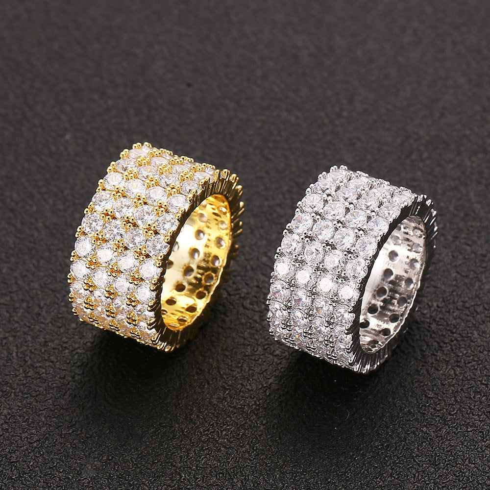 Fashion Copper Micro Paved Zircon Ring Men's Hip Hop Ring Four Rows Diamond Ring