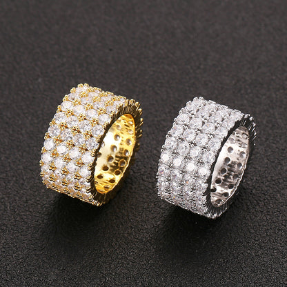 Fashion Copper Micro Paved Zircon Ring Men's Hip Hop Ring Four Rows Diamond Ring