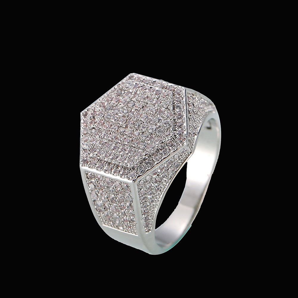 Men's Hexagonal Ring Hip Hop Diamond-Studded Ring Men and Women's Jewelry