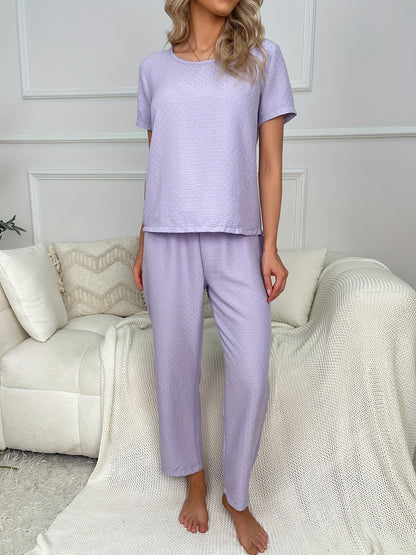 Short - sleeved Long - pants Women's Loungewear, Bow - decorated, Casual and Comfortable Pajamas, Suitable for Out - and - about. Made of Shuttle - woven Fabric
