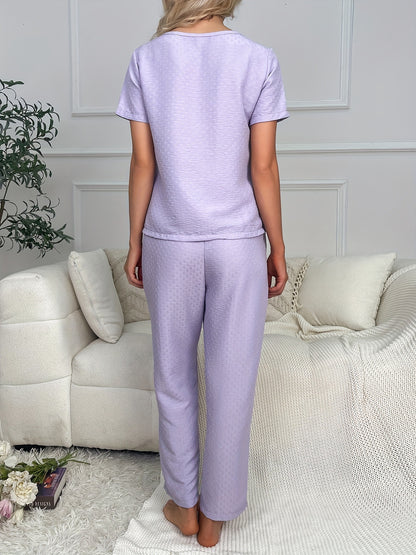 Short - sleeved Long - pants Women's Loungewear, Bow - decorated, Casual and Comfortable Pajamas, Suitable for Out - and - about. Made of Shuttle - woven Fabric