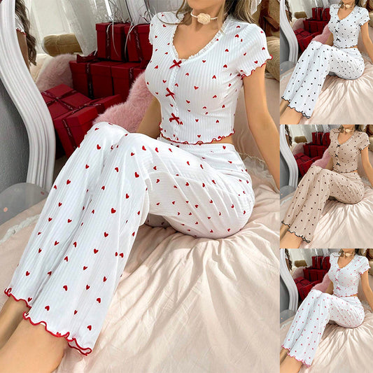 Printed heart-shaped V-neck long-sleeve two-piece pajama set forwomen-outer-wearable pants, stylishhome wear