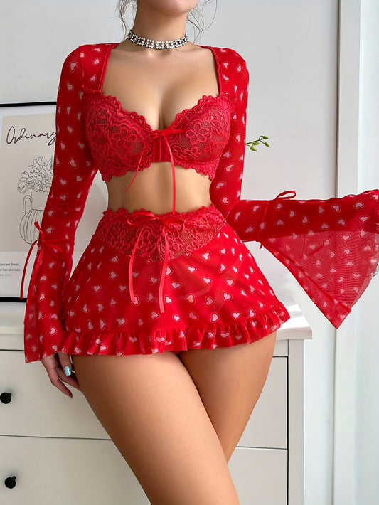 2025 New Arrivals - See-Through Lingerie Set with Heart Bra, Skirt & Thong