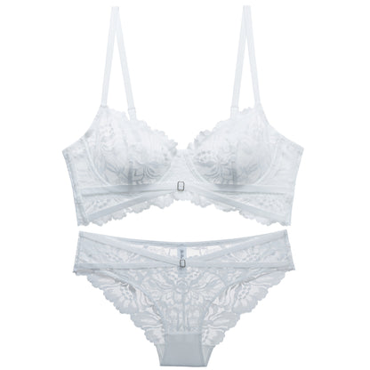 French underwear women's sexy breathable ultra-thin lace closed breast bra set gathered comfortable big breasts show small bra