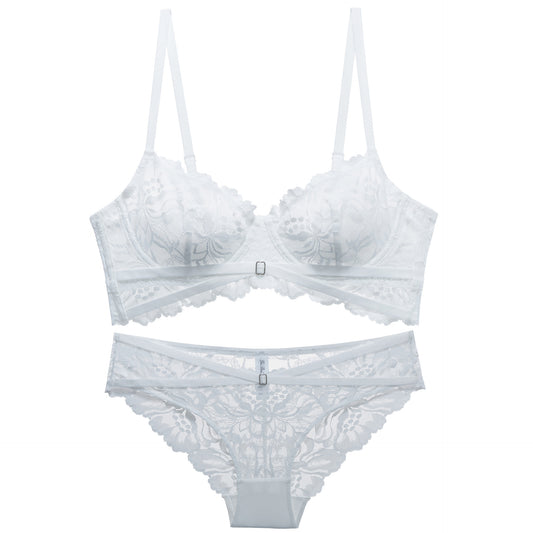 French underwear women's sexy breathable ultra-thin lace closed breast bra set gathered comfortable big breasts show small bra