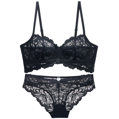 French underwear women's sexy breathable ultra-thin lace closed breast bra set gathered comfortable big breasts show small bra