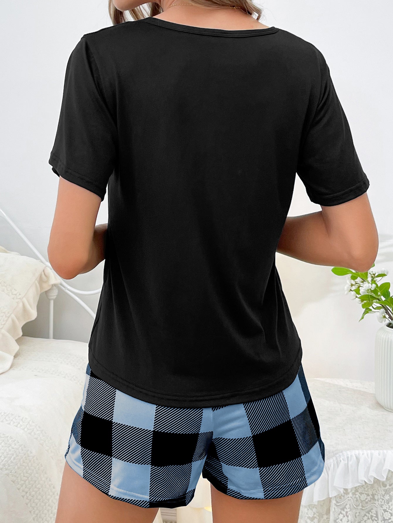 Summer Two -Piece Loungewear for Women -Pullover Short - Sleeve with Checkered Pocket and Checkered Shorts Pajama Set Nightwear Womenswear pajamas