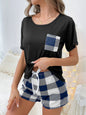 Summer Two -Piece Loungewear for Women -Pullover Short - Sleeve with Checkered Pocket and Checkered Shorts Pajama Set Nightwear Womenswear pajamas