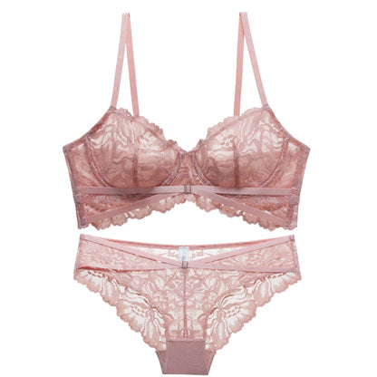 French underwear women's sexy breathable ultra-thin lace closed breast bra set gathered comfortable big breasts show small bra