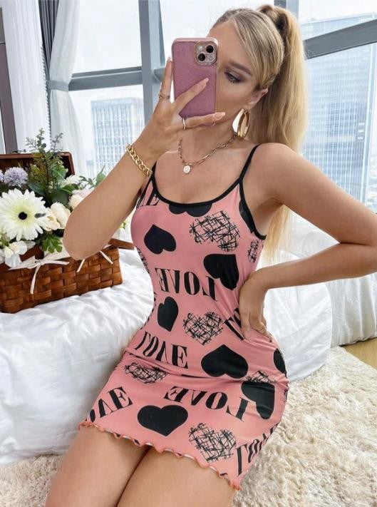 Summer backless lightweight Cami mini dress-cute heart cartoon print pajamas! Sexy & wonderable loungewear for teenage girls