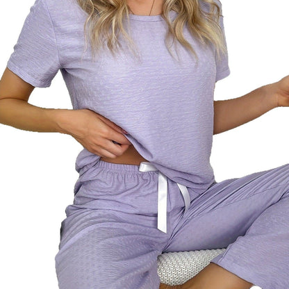 Short - sleeved Long - pants Women's Loungewear, Bow - decorated, Casual and Comfortable Pajamas, Suitable for Out - and - about. Made of Shuttle - woven Fabric