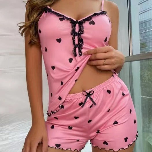 Home Wear Set with a V - neck Pajama. This Comfortable Set Comes with Button - down and Lace - trimmed Sling - strap Shorts