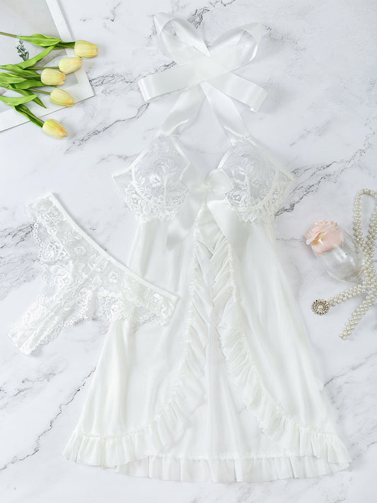 Seductive pajamas set lace bow perspective doll straws comfortable straws suit for dating women