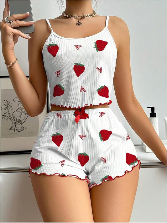 Women's Pajamas Fashion Set with Strawberry Print Design, Sweet Suspender Homewear Set, Adorable for Girls