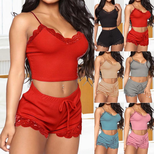 Women's Summer Sexy Cami Shorts Pajama Set |   Loose Comfortable Lingerie with Lace Trim & Tie Details |   Perfect for Hot Nights
