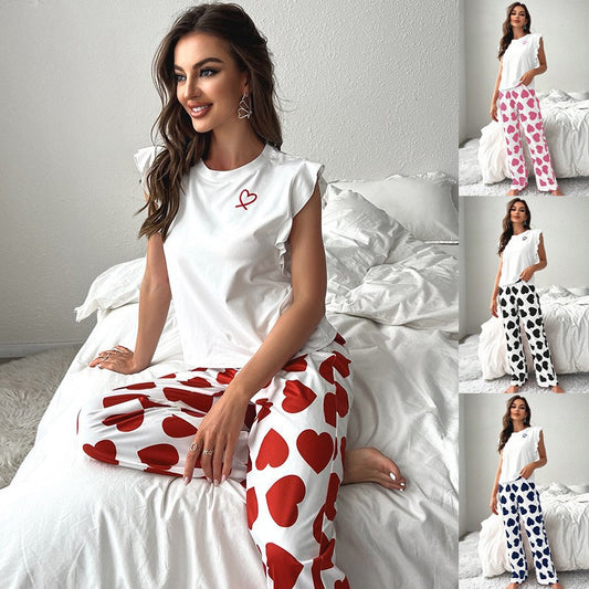 Summer Women's Fly Sleeve Tee + Pants Pajama Set - Milk Silk Love Print Loungewear for Out & In! COZYCHIC.
