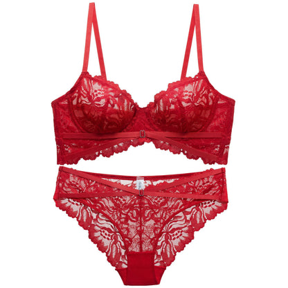 French underwear women's sexy breathable ultra-thin lace closed breast bra set gathered comfortable big breasts show small bra