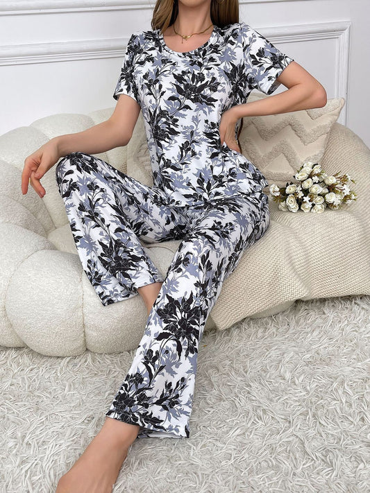 Ladies' Milk Silk Homewear, Botanical Print, Short - Sleeve Top & Long Pants Pajamas Set, Lightweight &Breathable Loungewear Nightwear pajamas