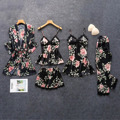 Women's Loose & Comfortable Lace - Trimmed 5 - Piece Pajama Set| Perfect for Lazy Days & Sleepovers| For Fashion - Conscious Ladies