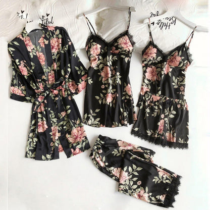 Women's Loose & Comfortable Lace - Trimmed 5 - Piece Pajama Set| Perfect for Lazy Days & Sleepovers| For Fashion - Conscious Ladies