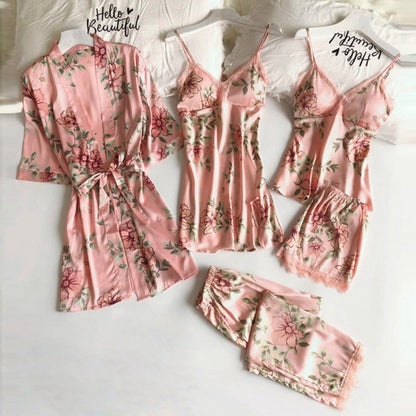 Women's Loose & Comfortable Lace - Trimmed 5 - Piece Pajama Set| Perfect for Lazy Days & Sleepovers| For Fashion - Conscious Ladies